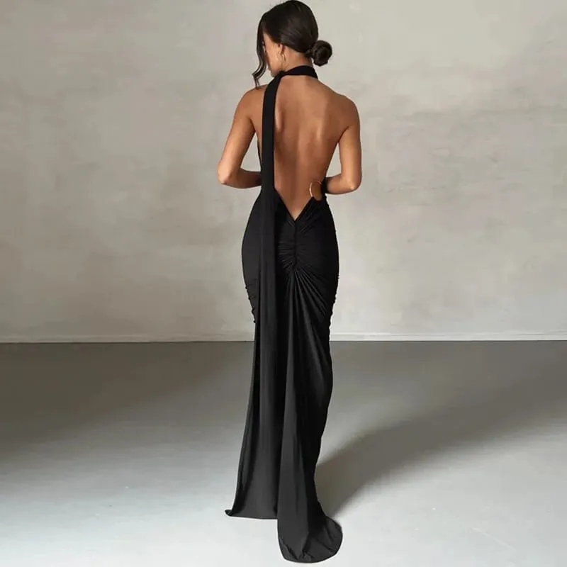 Robe longue sans manches pour femme, asymétrique épaule dénudée, écharpe réglable, boucle froncée, dos nu, moulante, tenue de fête, de Festival, robe longue élégante