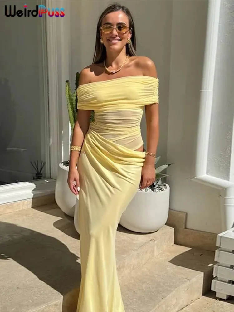 Weird Puss-vestido Irregular fruncido para mujer, vestido ceñido largo elegante de malla con retales y cuello oblicuo, manga corta, ajustado, elástico, tendencia elegante — image 3