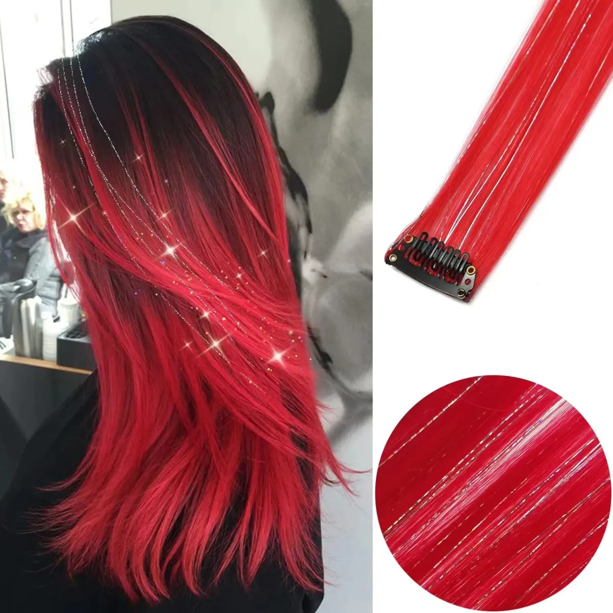 6 Stück/Packung, farbige Party-Highlights, Clip-in-Haarverlängerungen, 22 Zoll, mehrfarbig, glattes Haar, synthetische Haarteile — image 31