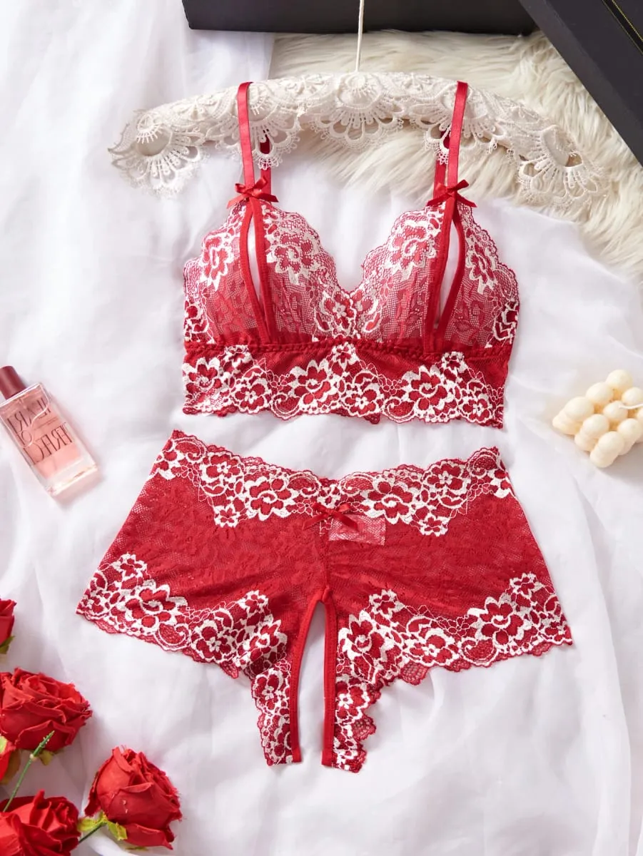 Lingerie d'été Sexy pour femmes, 2pce, pantalon à entrejambe ouvert et soutien-gorge à pointe ouverte, sous-vêtements pour adultes, ensemble de soutien-gorge en dentelle à fleurs transparentes — image 2