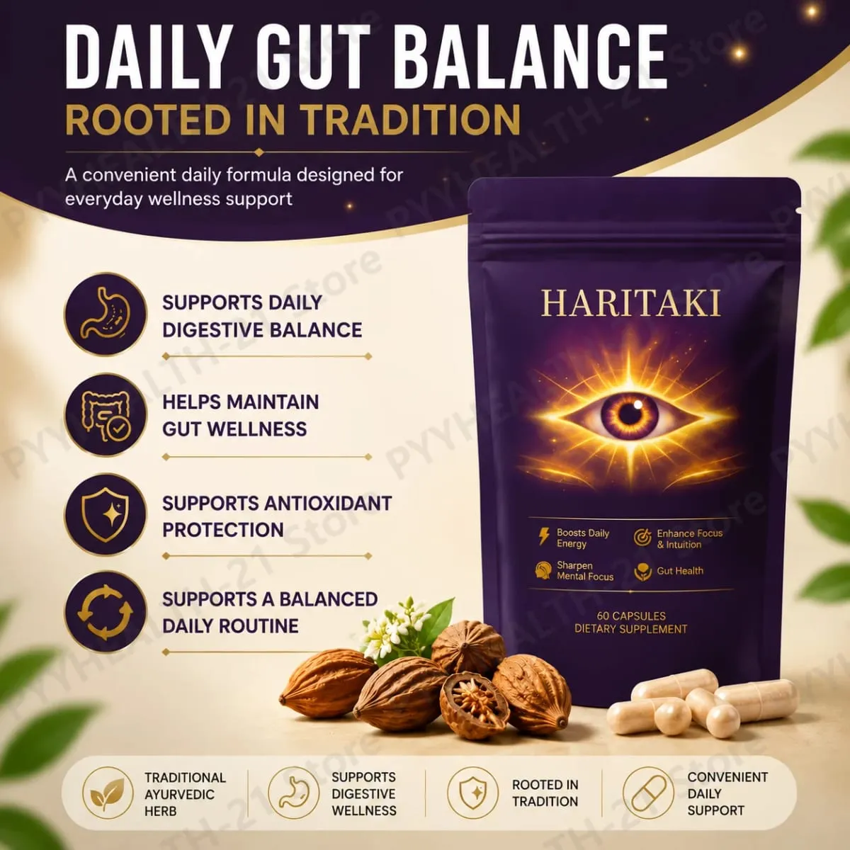 Haritaki supplément 3ème œil 500 mg soutient l'équilibre digestif santé intestinale élimination régulière Protection antioxydante quotidienne 60 Ct — image 2