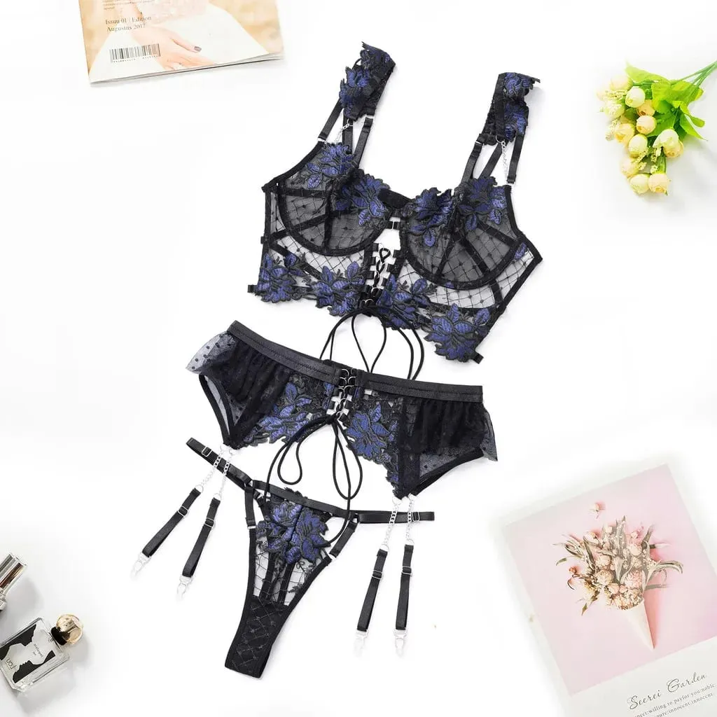 Women Red Floral Lace Lingerie Set Sheer Underwire Thin Cup Bra Matching Thong Panties Sexy Hollow Intimates — image 10