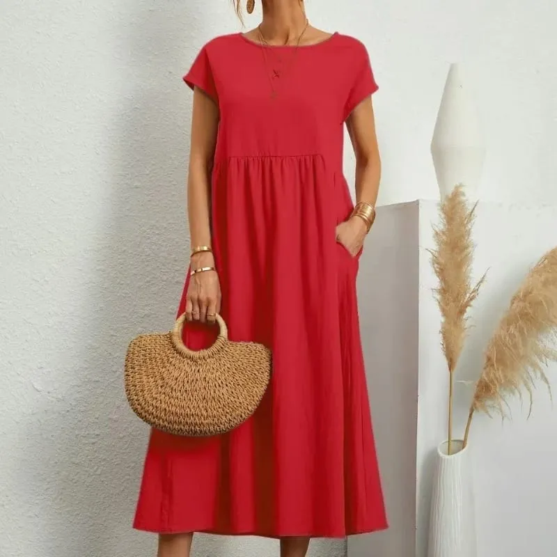 Gaun Linen Kapas Pepejal Premium yang Elegan Midi Musim Panas dengan Poket Longgar Leher Krew Kasual Lengan Pendek untuk Perjalanan Pantai — image 6