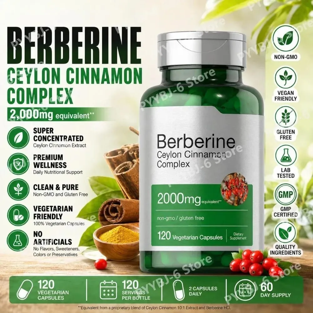Berberyna Ceylon Cynamon Kompleks 2000 mg Kapsułki wegetariańskie Bez GMO Bezglutenowy codzienny suplement odnowy biologicznej dla dorosłych 120 sztuk — image 2