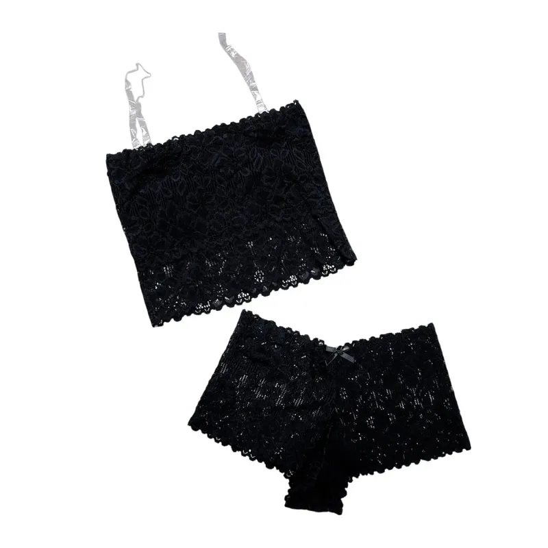 Set reggiseno in pizzo senza spalline scavato senza fili da donna Set con cinturino per spaghetti Elegante mutandine in pizzo Intimo morbido Set di lingerie da donna