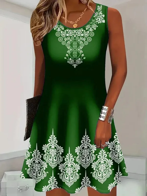 3D Floral Pattern Retro Women Mini Dresses Summer Sleeveless Flower Printed Street Ladies Dress 3XL Plus Size Casual Dress Tees — image 3