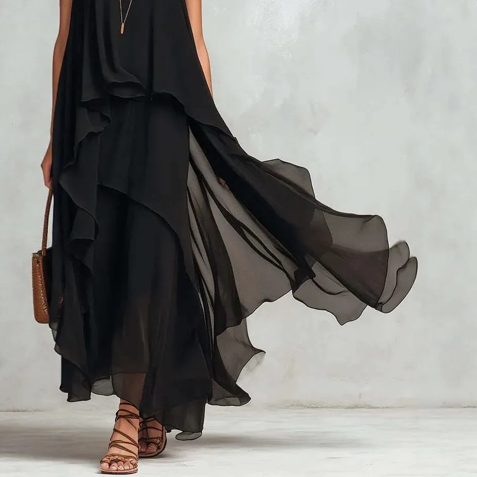 2026 new black sleeveless irregular chiffon long dress with elegant temperament for women — image 4