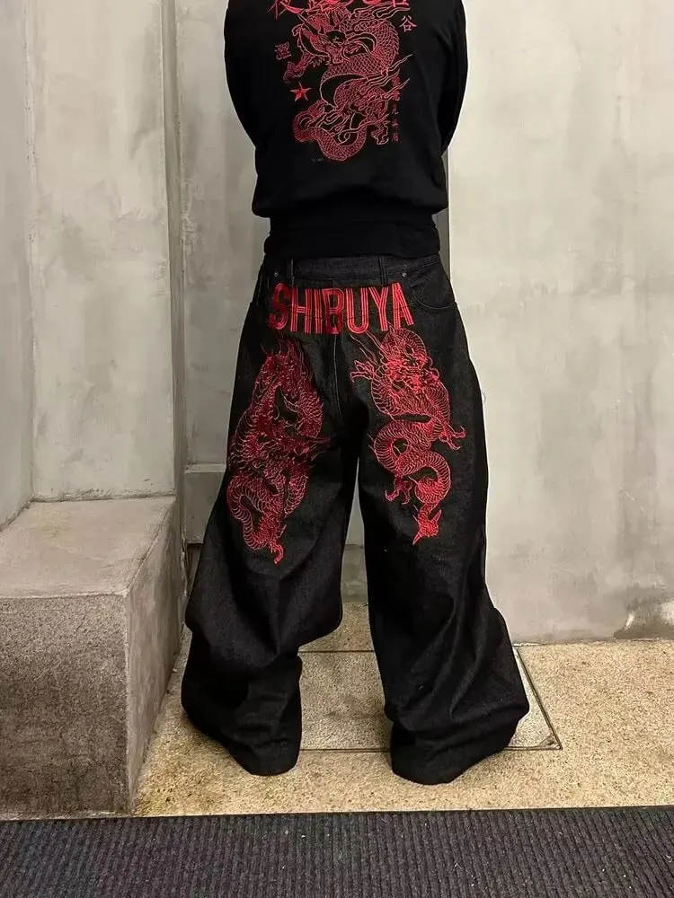 Quần jean hip-hop thêu hoa văn retro Mỹ phù hợp cho cả nam và nữ Y2K dạo phố mát mẻ quần ống rộng dài sàn — image 6