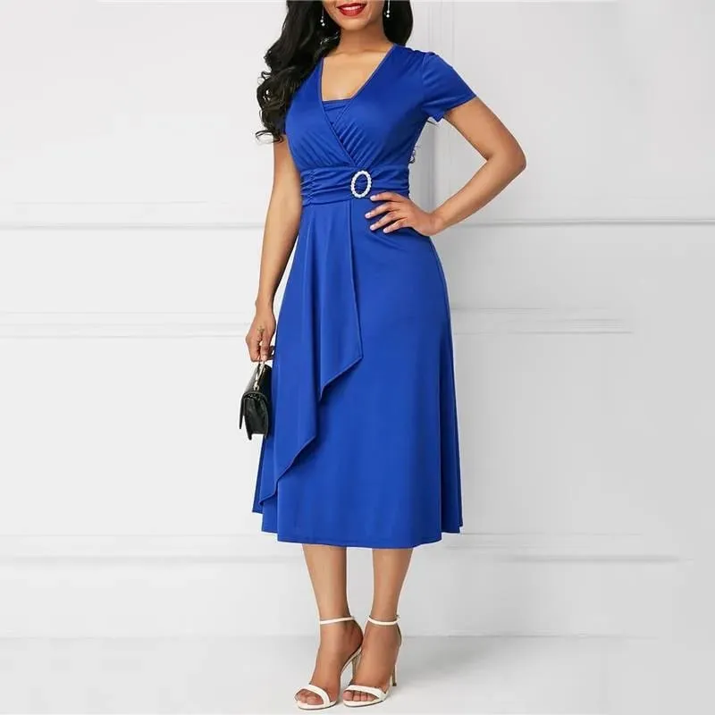 We.Fine Kleid Frauen Einfarbig Kurzarm V-ausschnitt Asymmetrischem Saum Taille Midi Party Kleid Elastische Weibliche Kleider Frau Vestidos — image 3