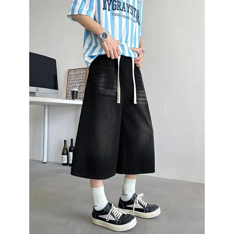 Loose Fit Cropped Jeans Elastic Drawstring Waist Stretch Denim Casual Wear Comfort Men Baggy Denim Pants Man 2023 Fashion Trendy — image 5