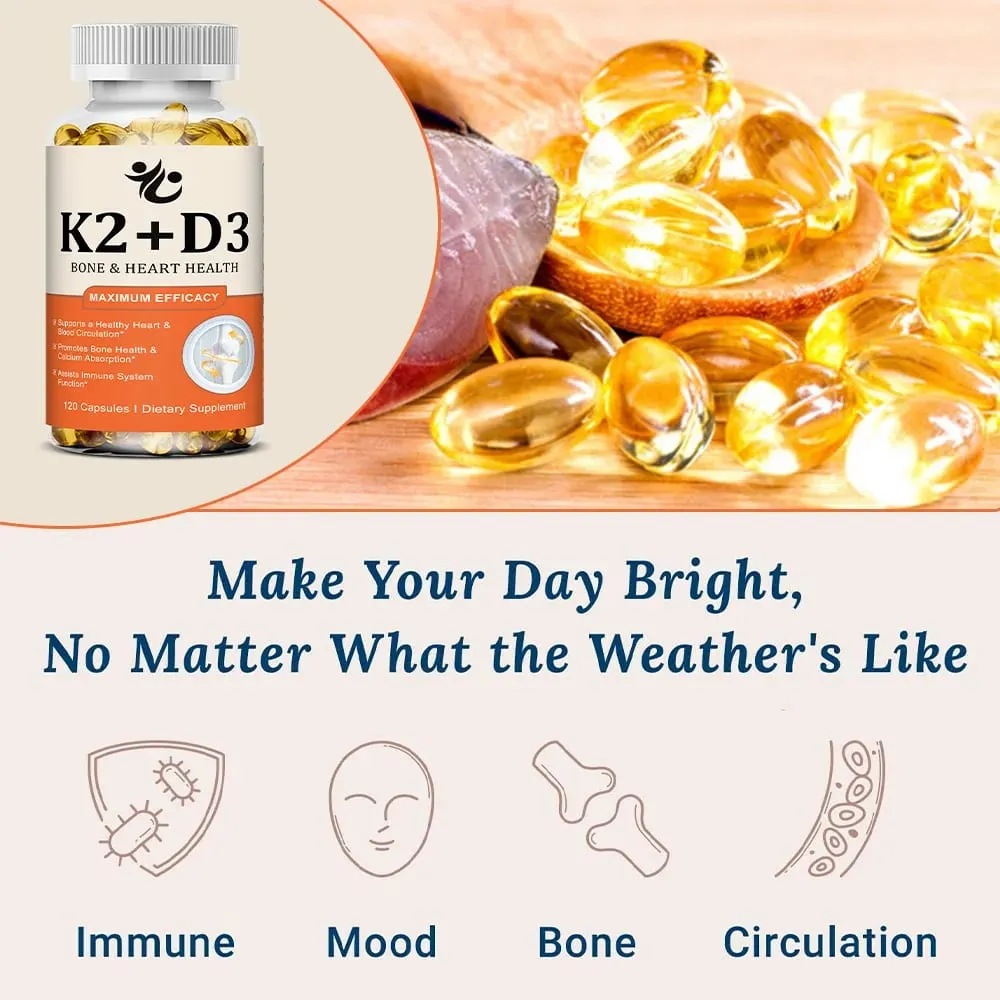 Cápsulas de vitamina D3 5000 UI + K2 MK-7 100mcg suportam absorção de nutrientes metabolismo osso coração saúde e sistema imunológico — image 3