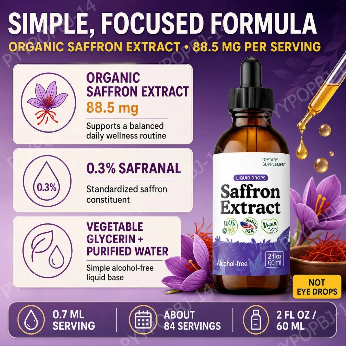 Organik Safran Sıvı Ekstrakt Damla Bitki Bazlı Bitkisel Takviye Vegan Şeker Alkolsüz 60ml Günlük Sağlık Takviyeleri — image 5