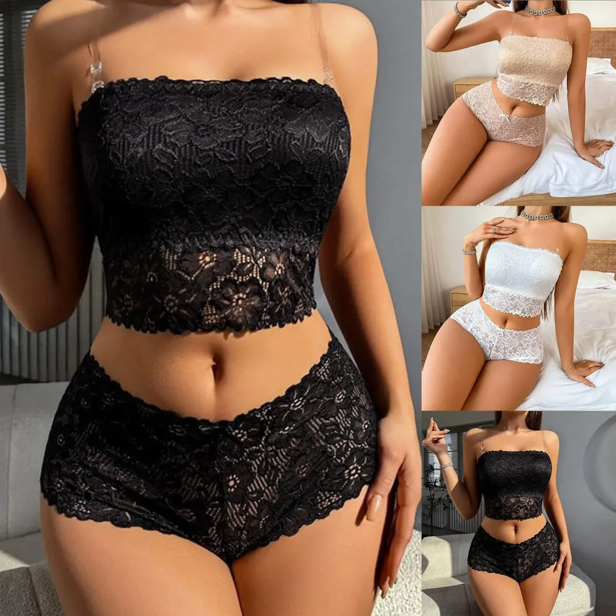 Set reggiseno in pizzo senza spalline scavato senza fili da donna Set con cinturino per spaghetti Elegante mutandine in pizzo Intimo morbido Set di lingerie da donna — image 3