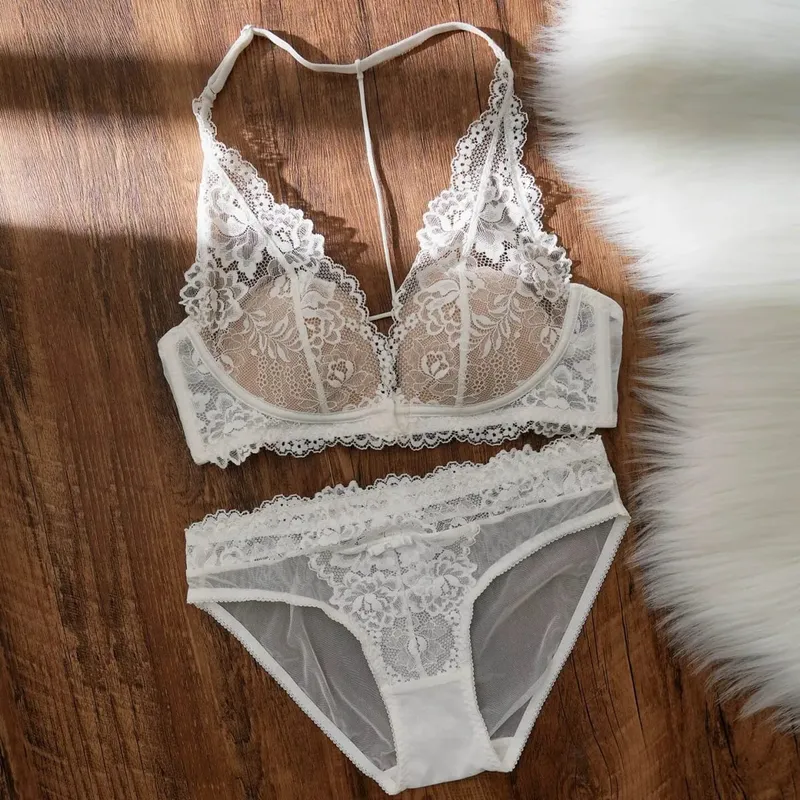 Set Bra Halter Renda Antik Perancis Bra Intim Wanita Keinginan Murni Lembut Pengangkat Payudara Kecil Push Up Payudara Kecil Nirkabel — image 8