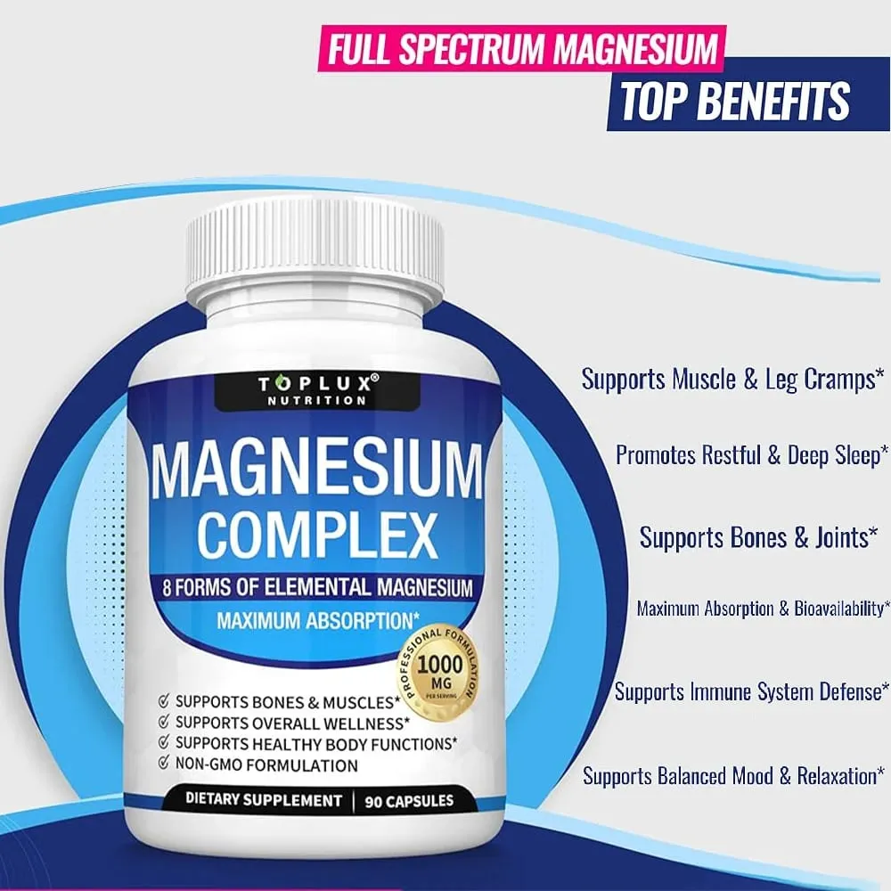 Magnesium Complex Supplement 8 Elemental 1000mg - Magnesium Glycinate Citrate Malate Taurate for Bones Recovery Energy