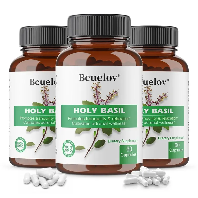Holy Basil Tulsi Extract Capsules สนับสนุนต่อมหมวกไตภูมิคุ้มกันระบบทางเดินหายใจ & Daily Calm Wellness ความเครียดและความวิตกกังวลบรรเทา