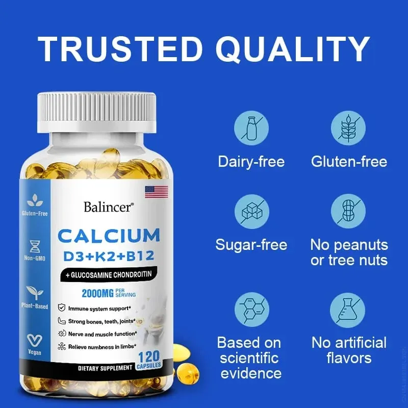 Balincer Vitamin D3+K2+B12 2000mg Capsules for Bone Immune and Calcium Support 120 Capsules Non-GMO — image 4