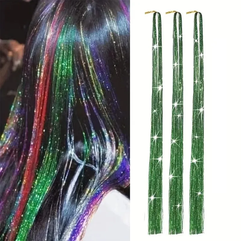90cm Synthetic 3pcs/set Rainbow Colored Shiny Hair Laser Tinsel Long Straight Heat-Resistant Fairy Hair Extensions Party Daily — image 11