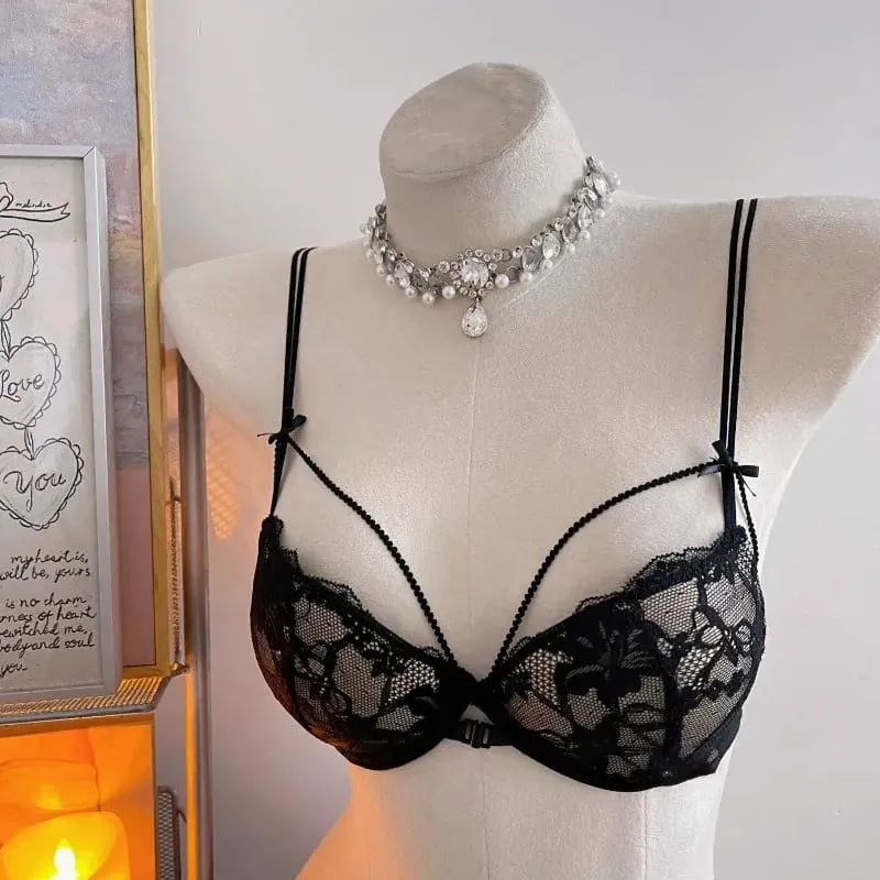 Sutiã e conjunto de sutiã com fecho frontal, coquete mínimo, alças finas sem fio, beleza, envoltório lateral, suporte pequeno, busto curvilíneo, luz íntima — image 5