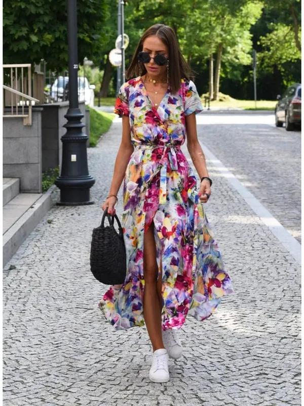 Bedrucktes Kleid 2025 Sommer V-Ausschnitt Split Fork Mittlere und lange Gruppe europäischer und amerikanischer grenzüberschreitender Damenbekleidung — image 7