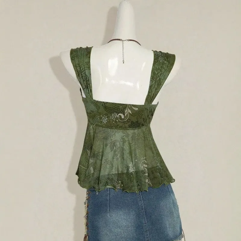 ผู้หญิงSweetheartต่ำคอBackless Camisตาข่ายด้านหน้าจีบสายคล้องA-Line Crop Topฤดูร้อนเซ็กซี่แฟชั่นElegant tank Top — image 2