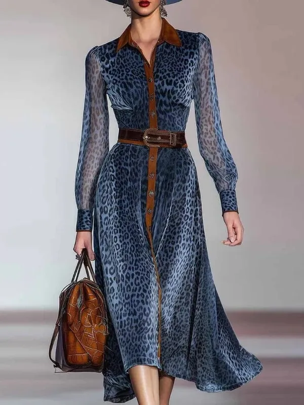 ผู้หญิงElegantชุดเสือดาวพิมพ์ชุดตาข่ายColorblockปกเดี่ยวBreasted Vintage Chicแขนยาวชุด