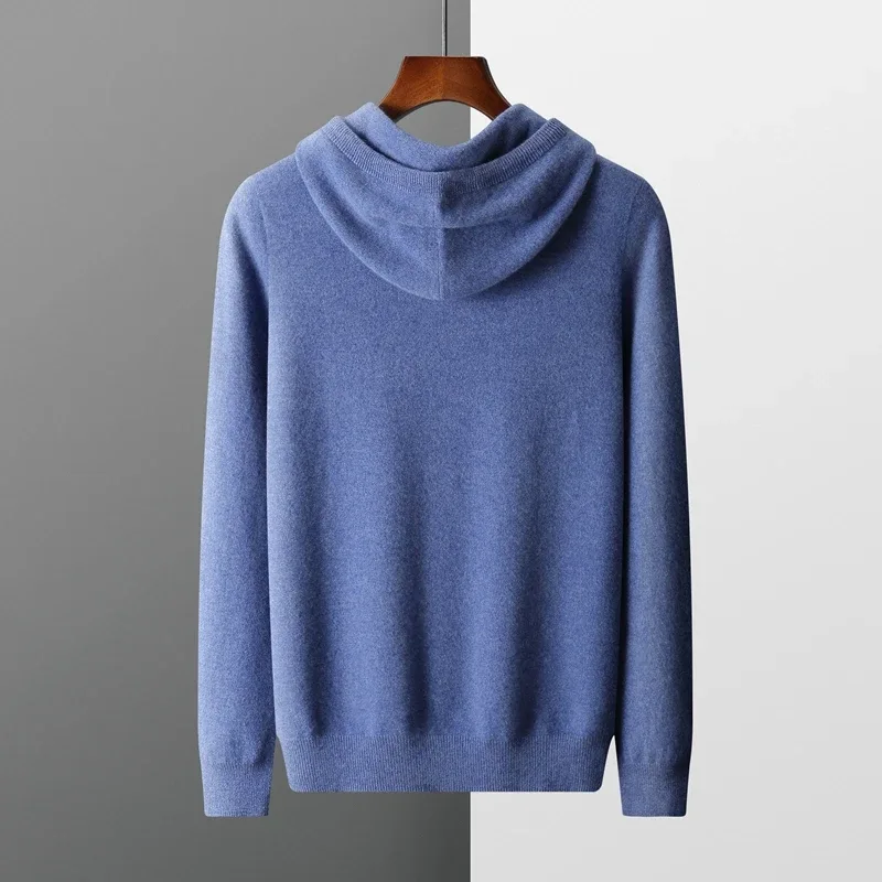 Men's 100% Merino Wool Sweater Hooded Collar Knitted Pullover Sweatshirt Autumn Winter Casual Large Tops Long Sleeved — image 4