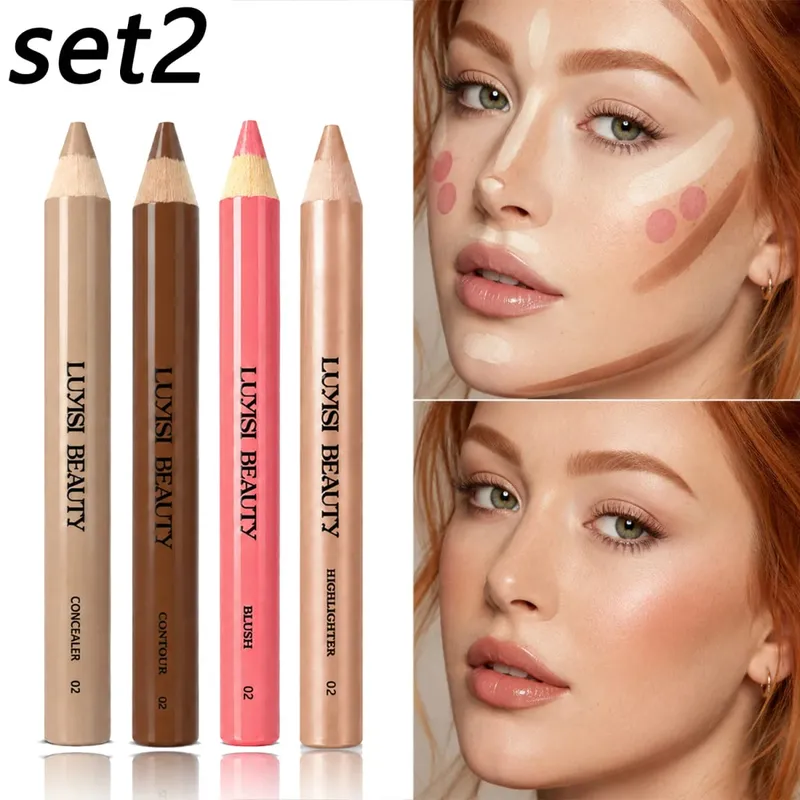 4 pièces/ensemble stylos de maquillage pour le visage correcteur + Contour + Blush + surligneur imperméable à l'eau couverture constructible velours mat et perle brillant-nourrissant.