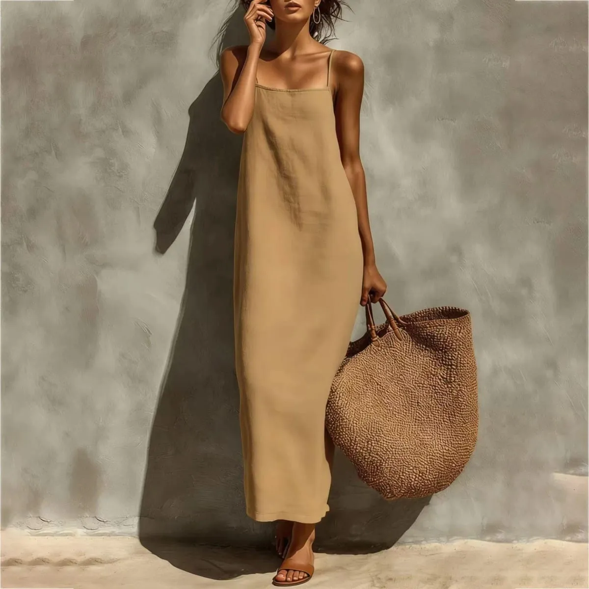 ฤดูร้อนผู้หญิงสีทึบสบายๆลื่น Sundress ทราย Beachwear แขนกุดหลวม Maxi ยาวชุดวันหยุด — image 5