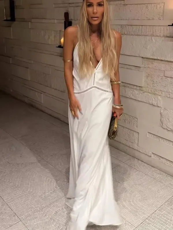 Zarif Derin V Yaka Backless Uzun Elbise Kadınlar Katı Spagetti Kayışı Kolsuz Sling Elbiseler 2026 Bayan Tatil Parti vestidos