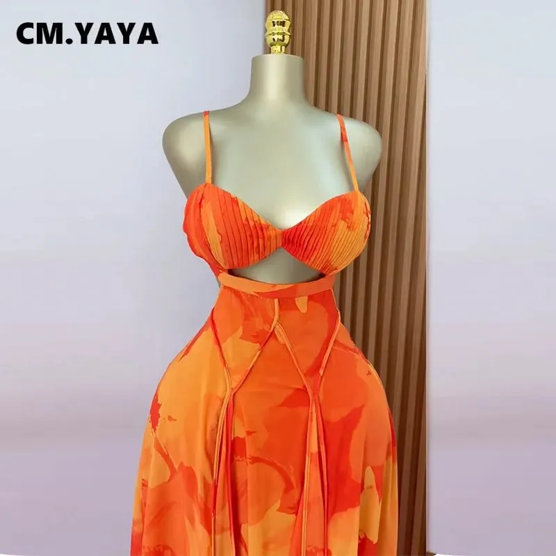 CM.YAYA Donne Stampato Floreale Cinghia Backless Reggiseno Anteriore Grande Altalena Maxi Abito Lungo 2025 Vintage Sexy Club Abiti Da Sera Del Partito — image 3