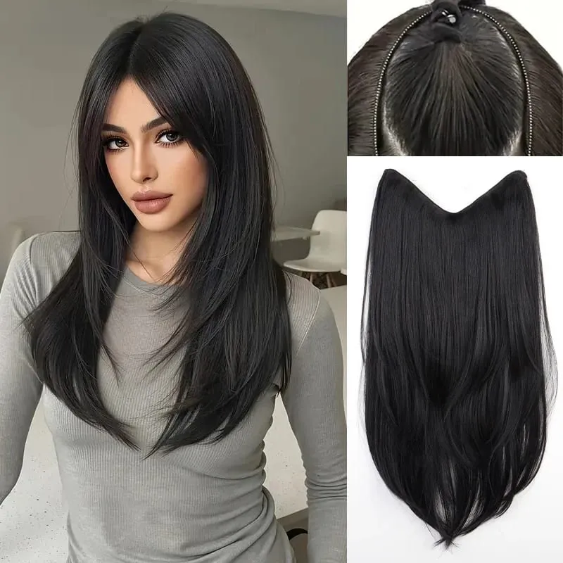 22 Inch U Shape One Piece Hair Extensions Long Layered Inward Curly Synthetic Wig Invisible Seamless Hairpiece For Women Daily W — image 1