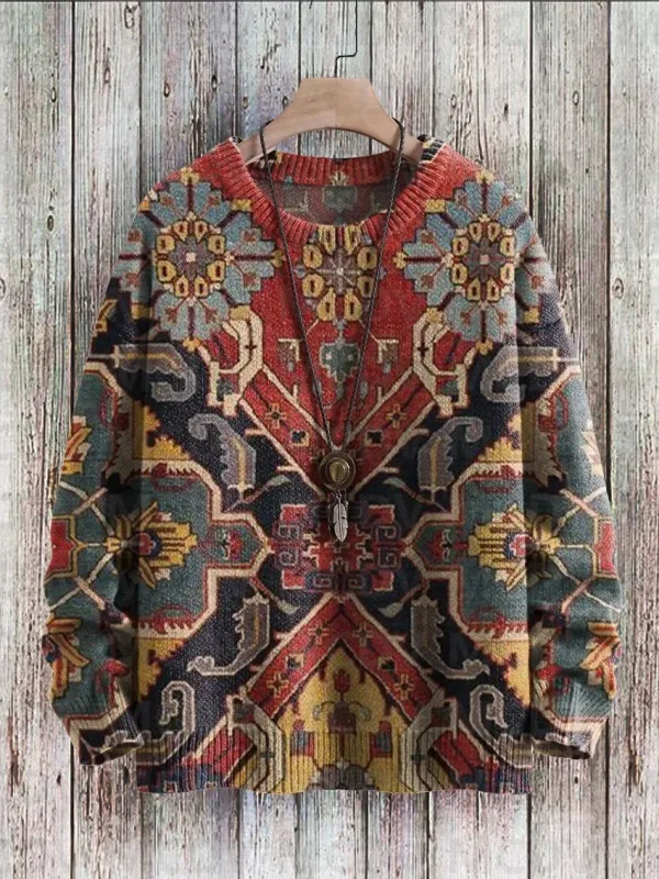 Vintage Pattern Print Knit Pullover Sweater Women For Men Sweater — image 7