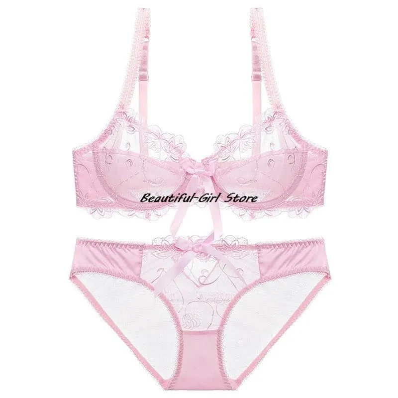 레이스 푸시 업 브래지어 세트 통기성 팬티얇은 메쉬 컵 투명 Behal 란제리 보우 자수 Flora Soutien Gorge — image 9