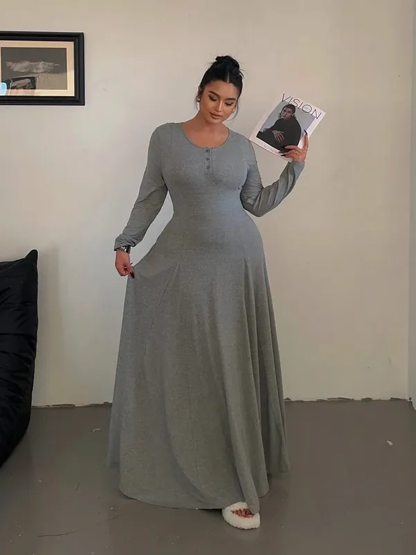 Robe longue fluide trapèze élégante en tricot de couleur unie grande taille | Robe longue pour femme | Style décontracté et de banlieue