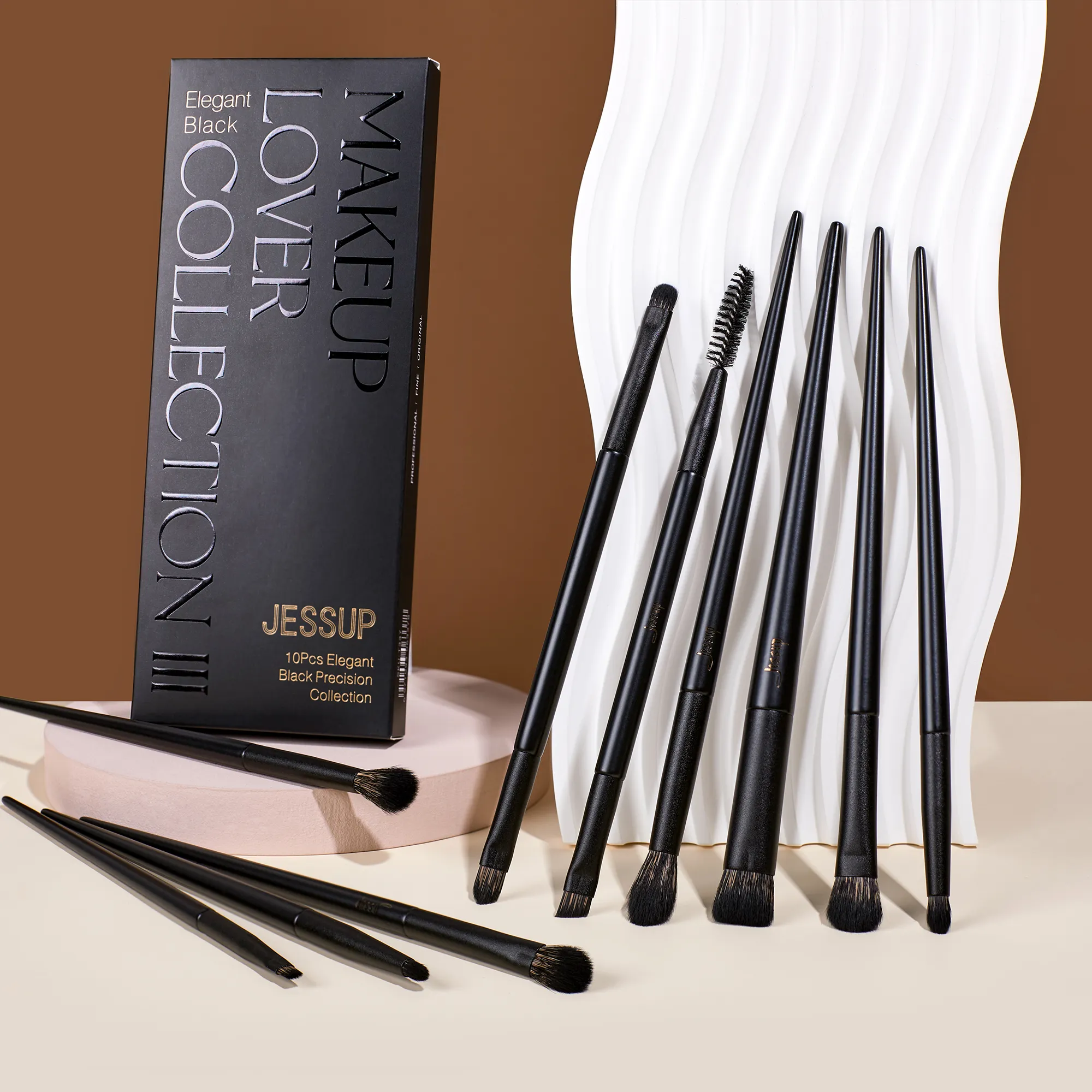 Zestaw pędzli do cieni do powiek Jessup 10 szt. Pędzel do oczu blendowanie cieni Flat Liner Crease Duo-end Brow Spoolie Broach elegancki czarny T337 — image 6