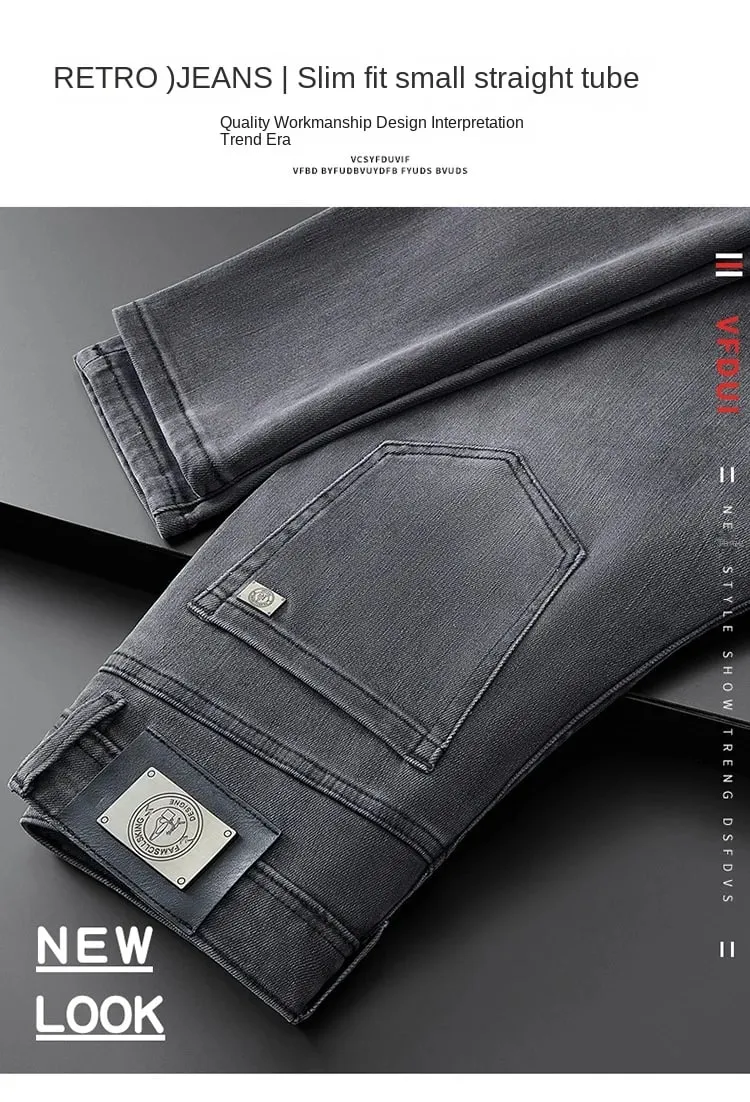 Jeans grigi leggeri di lusso per uomo 2024Autunno e inverno Semplicità Pantaloni alla moda di fascia alta elasticizzati slim-fit alla moda
