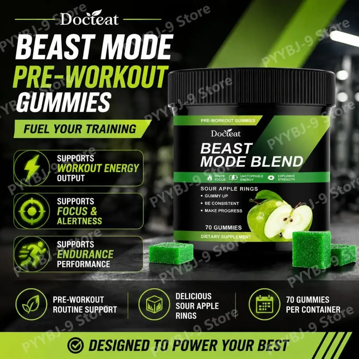 Docteat Beast Mode Blend Caramelle gommose pre-allenamento Supporto energetico e resistenza per allenamenti di forza e giornate attive in palestra 70 conteggi — image 2