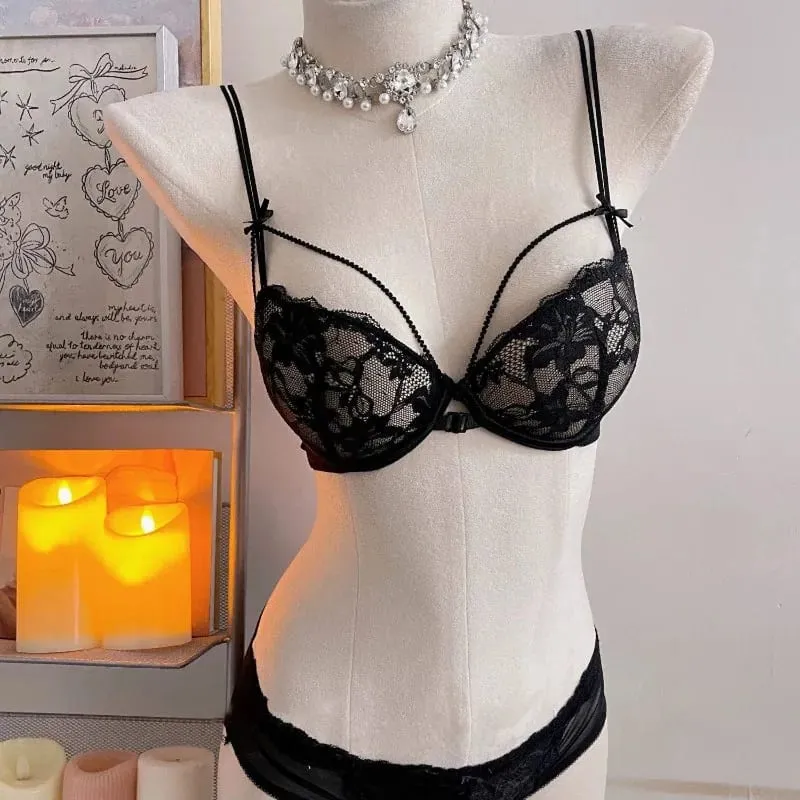 Sutiã e conjunto de sutiã com fecho frontal, coquete mínimo, alças finas sem fio, beleza, envoltório lateral, suporte pequeno, busto curvilíneo, luz íntima — image 6