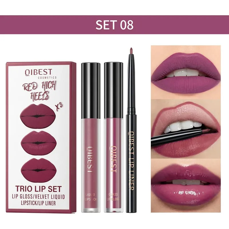 3pcs LIPS แต่งหน้าชุดรวม Lip Glaze Lip Mud และ Lip Liner ยาวนาน Nude สีแดงสีดำสีน้ำตาล Lip GLOSS Tint เครื่องสำอาง