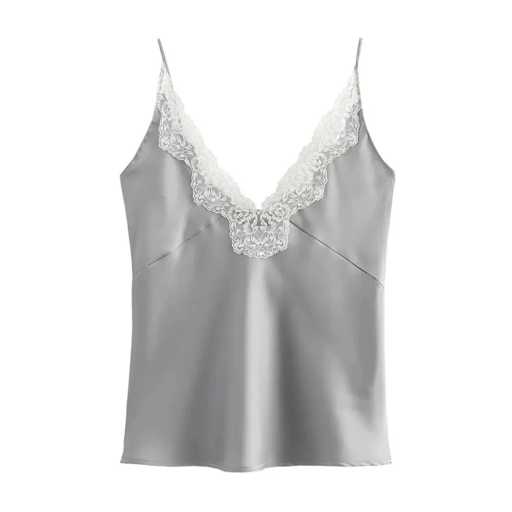 Casual Enfärgad spets Patchwork Tankar Spaghetti Rem Andas Satin Camisole Ärmlösa V-ringad Toppar Party Outfit