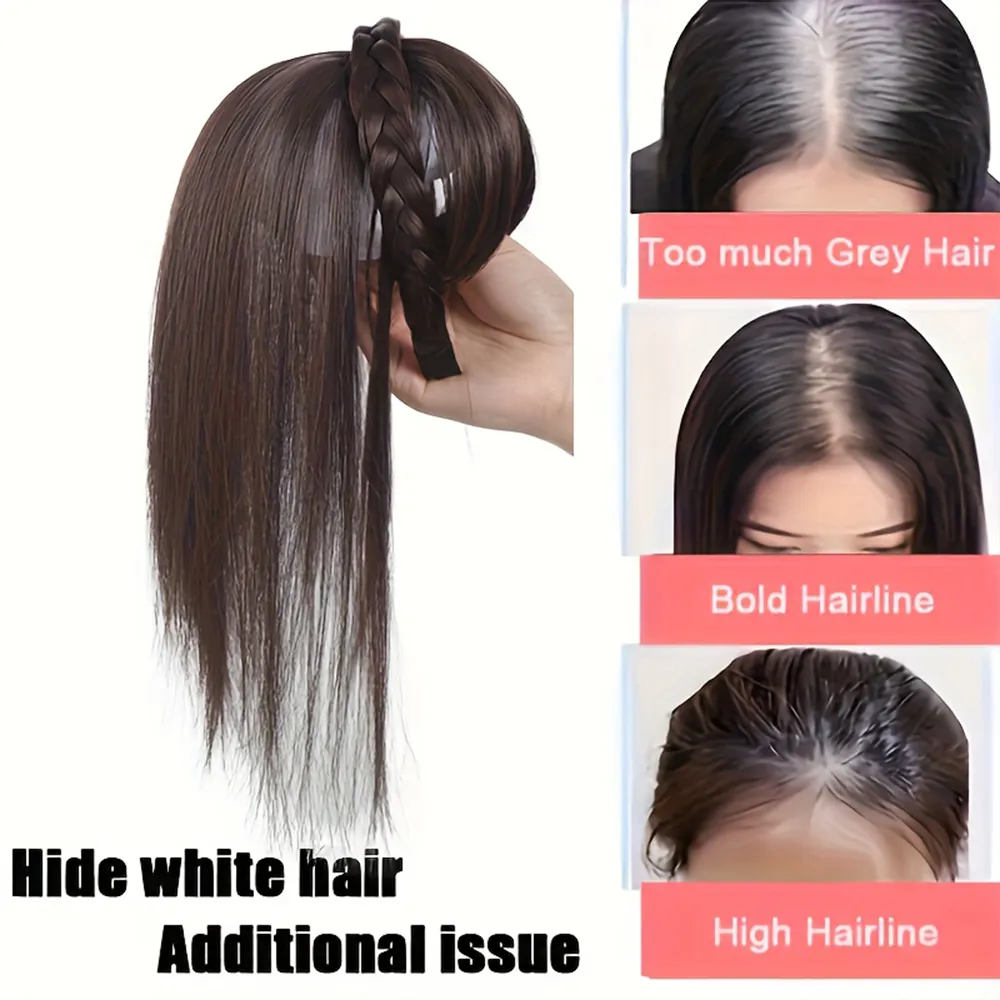 Extensions de cheveux synthétiques lisses au look naturel – Bandeau tressé chic avec surmatelas et frange à clipser pour femme — image 4