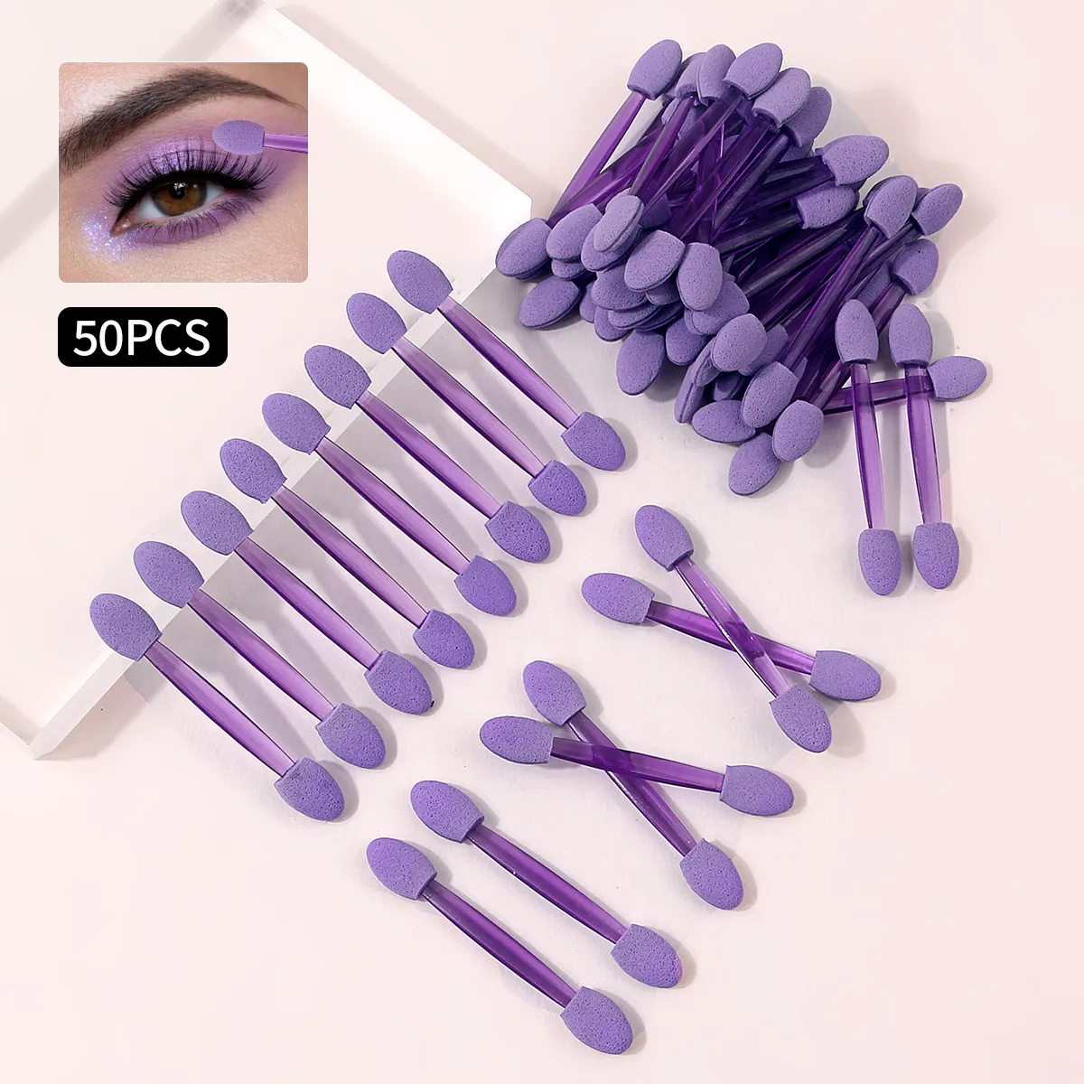 50 Uds. Aplicadores de esponja para sombra de ojos de doble punta, brochas de maquillaje desechables moradas para corrector de sombra de ojos, arte de uñas y cejas — image 2