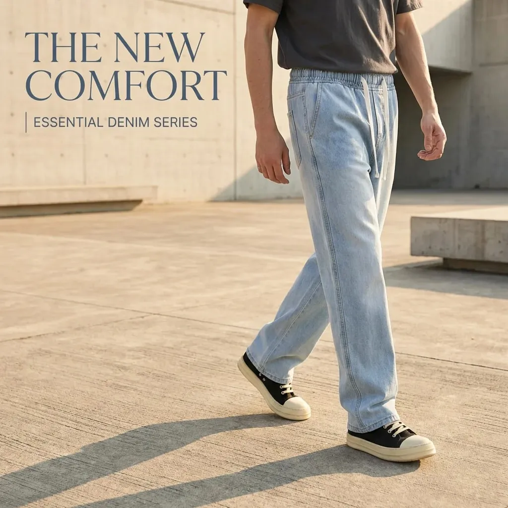 Heren lichtblauwe elastische taille trekkoord losse jeans lente zomer herfst winter veelzijdige comfortabele pasvorm casual denim broek — image 4