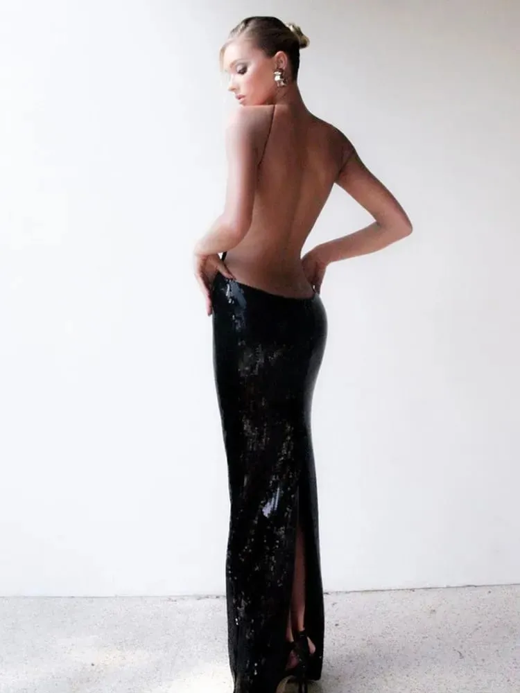 Wanita Musim Panas Mewah Seksi Backless Halter Hitam Mesh Labuci Gaun Gaun Panjang Maxi Pakaian Kelab Pesta Malam Selebriti Elegan — image 3