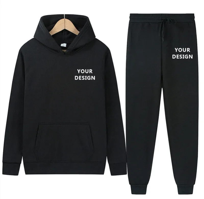 Men's Autumn/Winter New Solid Color Hoodie + Pants Two-Piece Set, Stylish Casual Sports Suit with Custom Printed Logo — image 3