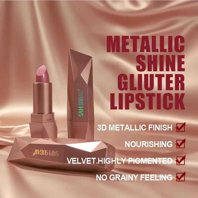Gincu Berkilauan Berlian Tahan Lama Pelembap Kalis Air Berpigmen Tinggi Metallic Shine Pearlescent Non Stick Cup Gincu — image 3