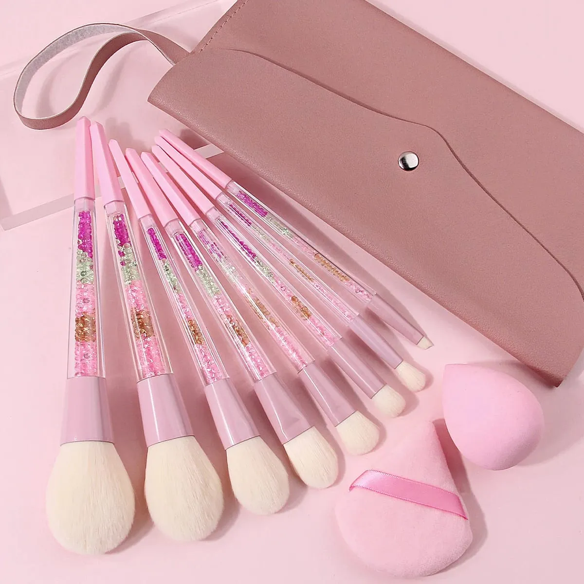 11PCS Pink Glitter Makeup Brush Set with Bag Crystal Handle Brushes Makeup Sponge Powder Puff Storage Bag Soft Hair Full Face — image 2