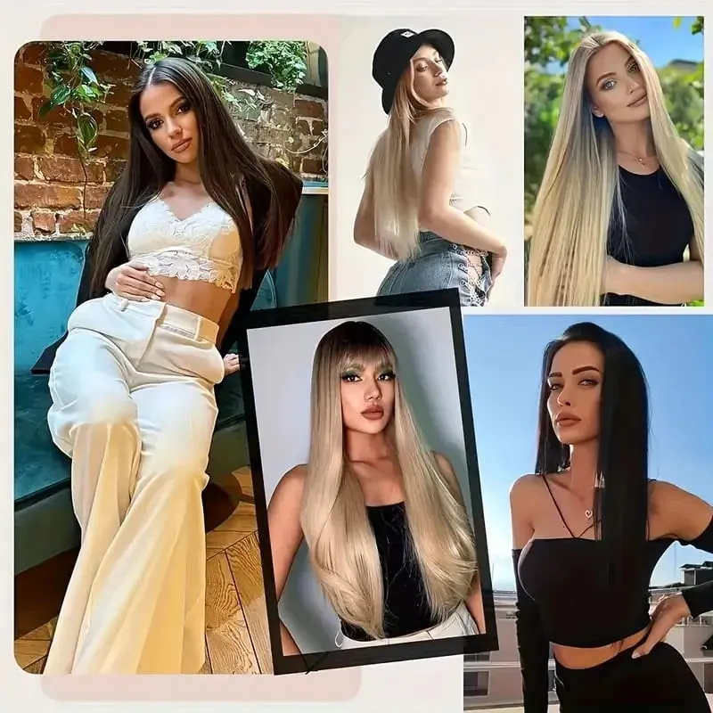 24Inci Sintetik 6pcs/set Sambungan Rambut Lurus Panjang Meningkatkan Isipadu Memanjangkan Potongan Rambut Lembut Selesa untuk Wanita — image 7