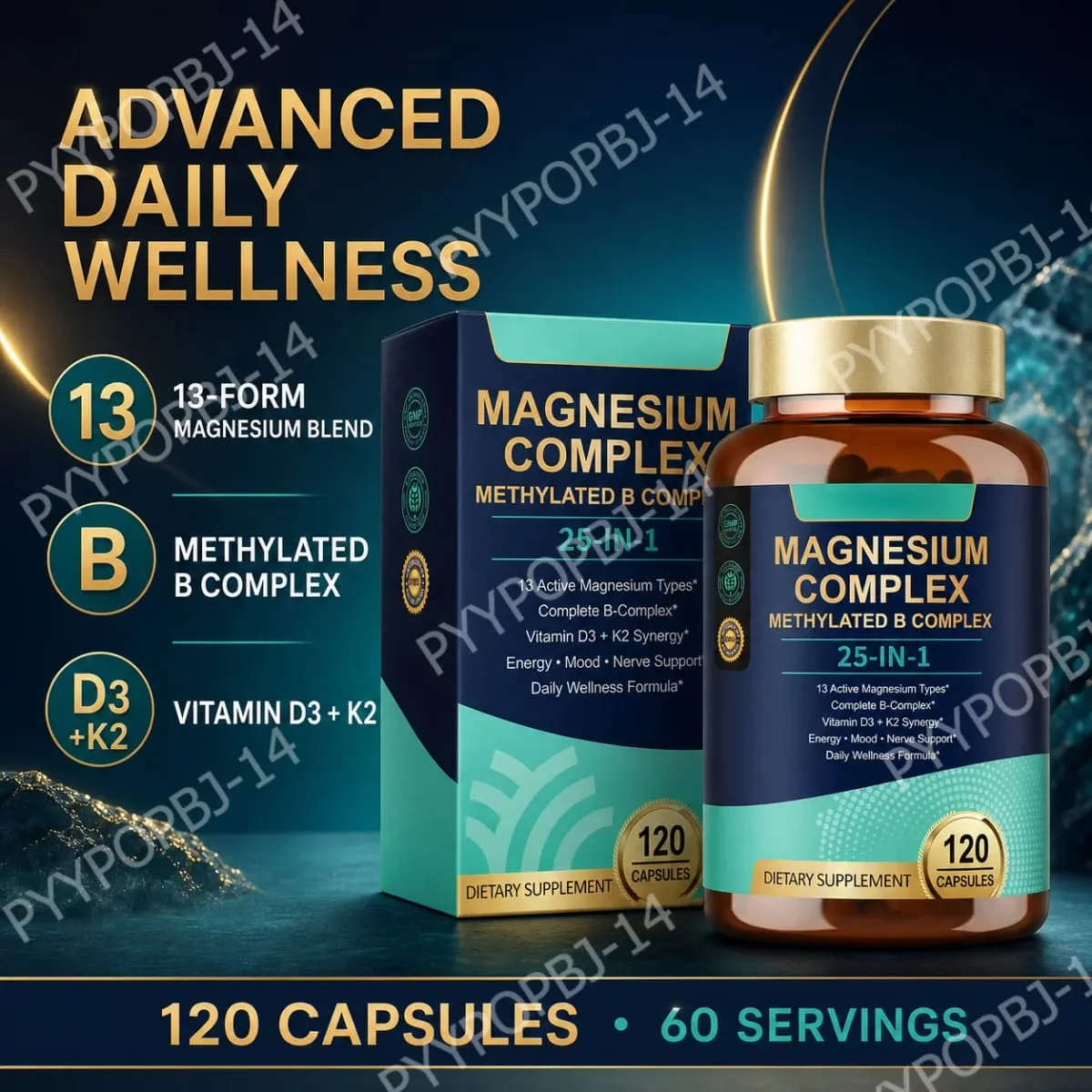 25-in-1-Magnesiumkomplex mit Glycinat, Citrat, Malat, Vitamin D3, K2, B12, Methylfolat zur Entspannung, Energie, Nerven, 120 Kapseln — image 1